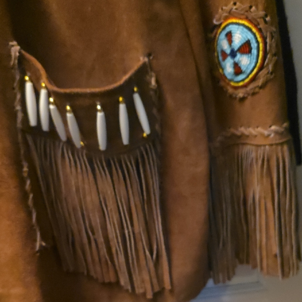Embroidered Brown Leather Jacket with Blue Details - Picture 6 of 13